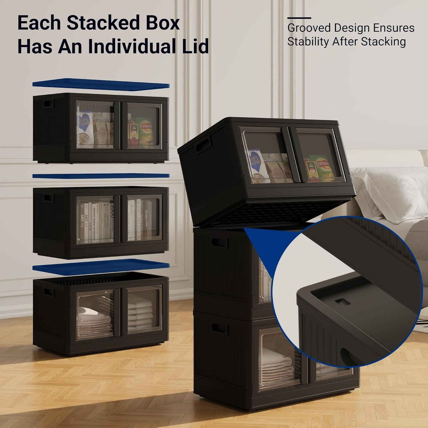 FLEXIMOUNTS 228 QT Stackable Storage Bins With Lids, Collapsible Plastic Storage Bins With Doors and Built-in Wheels For Home Dorm Closet Organizers and Storage, 3 Pack Cubes, Black