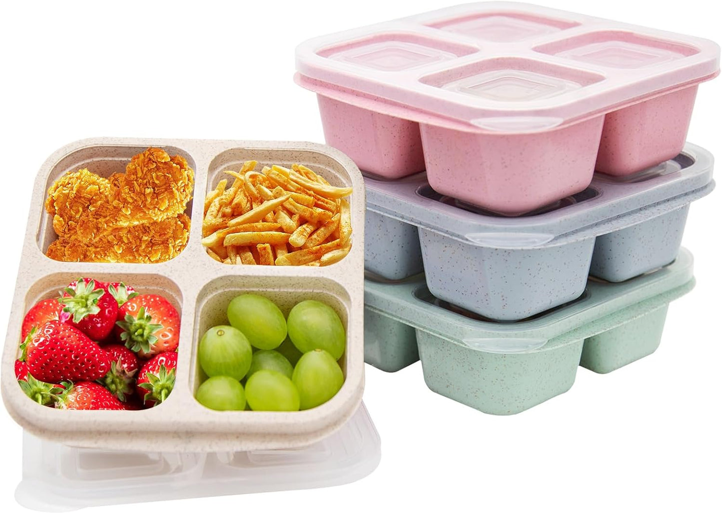 4 Pack Bento Lunch Box，4 Compartment Snack Containers，Divided Bento Snack Box，Meal Prep Containers Kids/Toddle/Adults,Food Storage Containers for School, Work and Travel