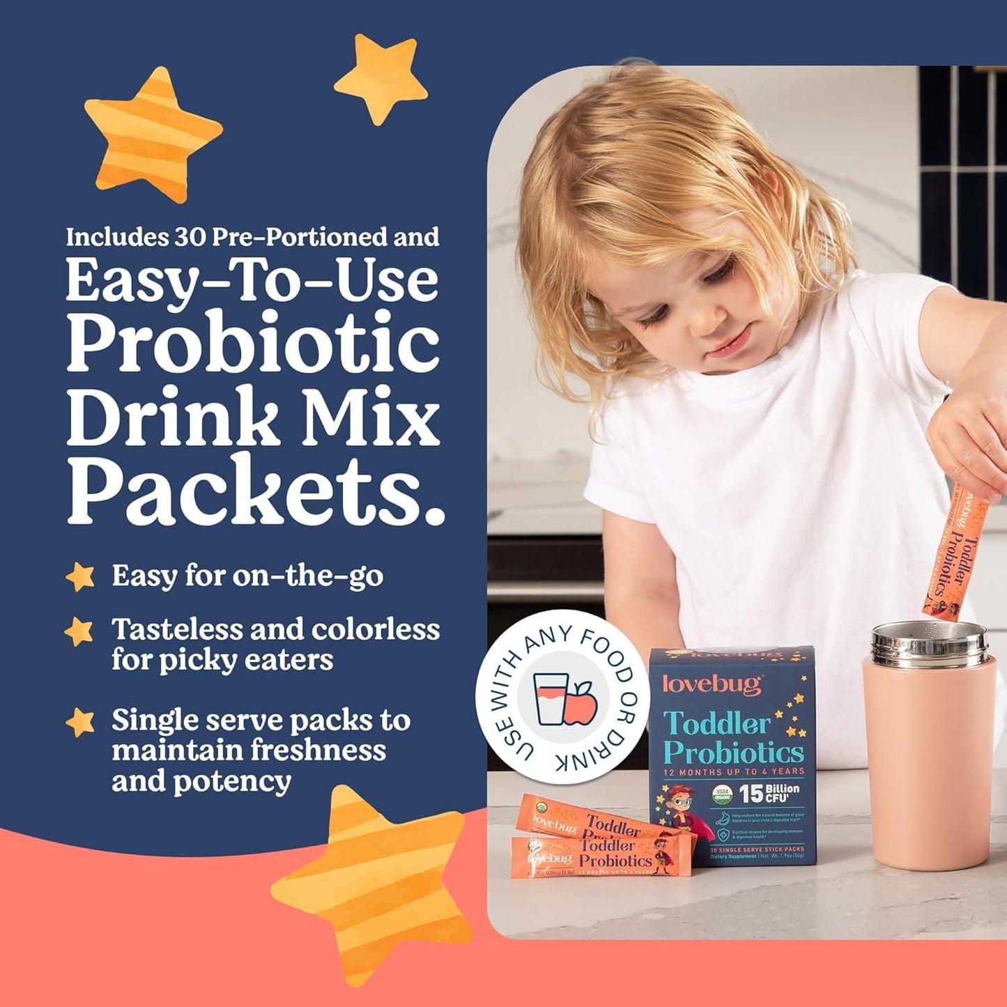 LOVEBUG Kids Probiotic Powder with Prebiotic Fiber - Toddler Immunity Support & Constipation Relief - USDA Organic Probiotics for Childrens Gut & Digestive Health (Ages 1-4) - 60 Pack (Unflavoured)
