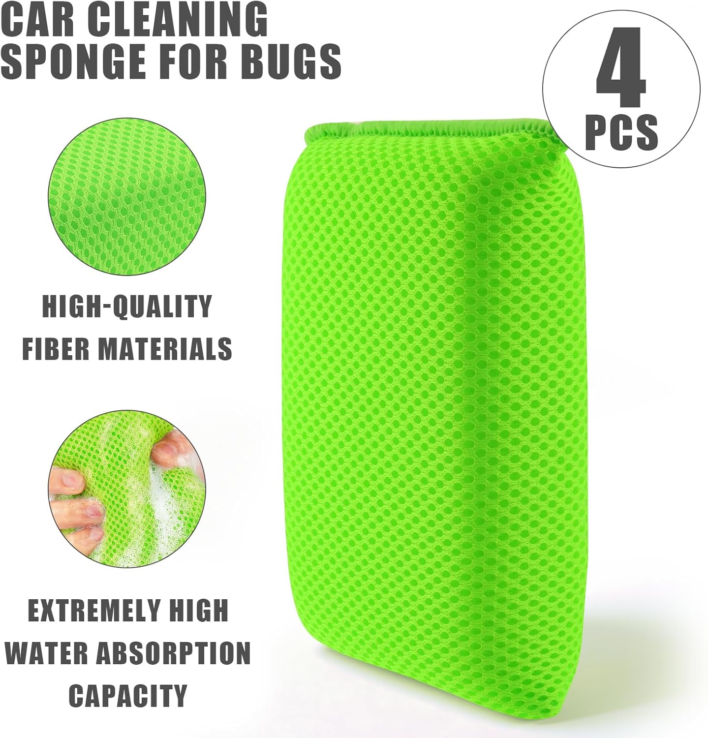 4 PCS Bug Scrubber Sponge Car, Bug Remover Wash Sponge，Car Cleaning Sponge for Bugs, Tar, Grime - Paint-Safe, Reusable Wash Sponges Kit(Green)