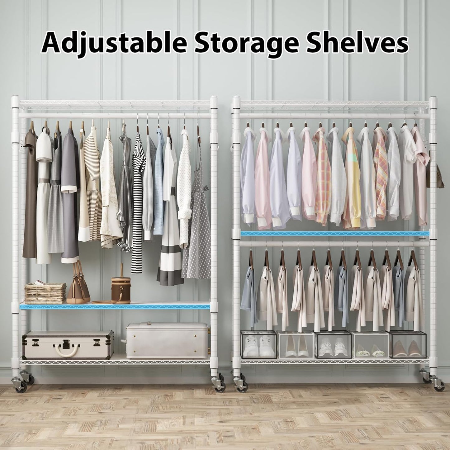 Homdox 3 Tier Heavy Duty Garment Rack with Wheels, Adjustable Wire Clothes Rack with Double Hanging Rods, Portable Closets for Hanging Clothes with Side Hooks, White