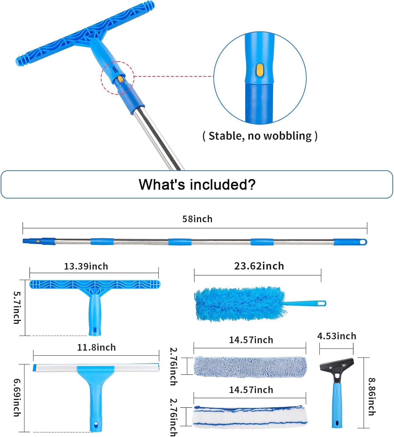 Window Squeegee Cleaner with 4 Stainless Steel Extension Poles,Long Reach to 58inch, Scrubber, Glass Scraper, Bendable Duster, 2 Scrubber Cloth for Window, Car, Professional Cleaning Kit