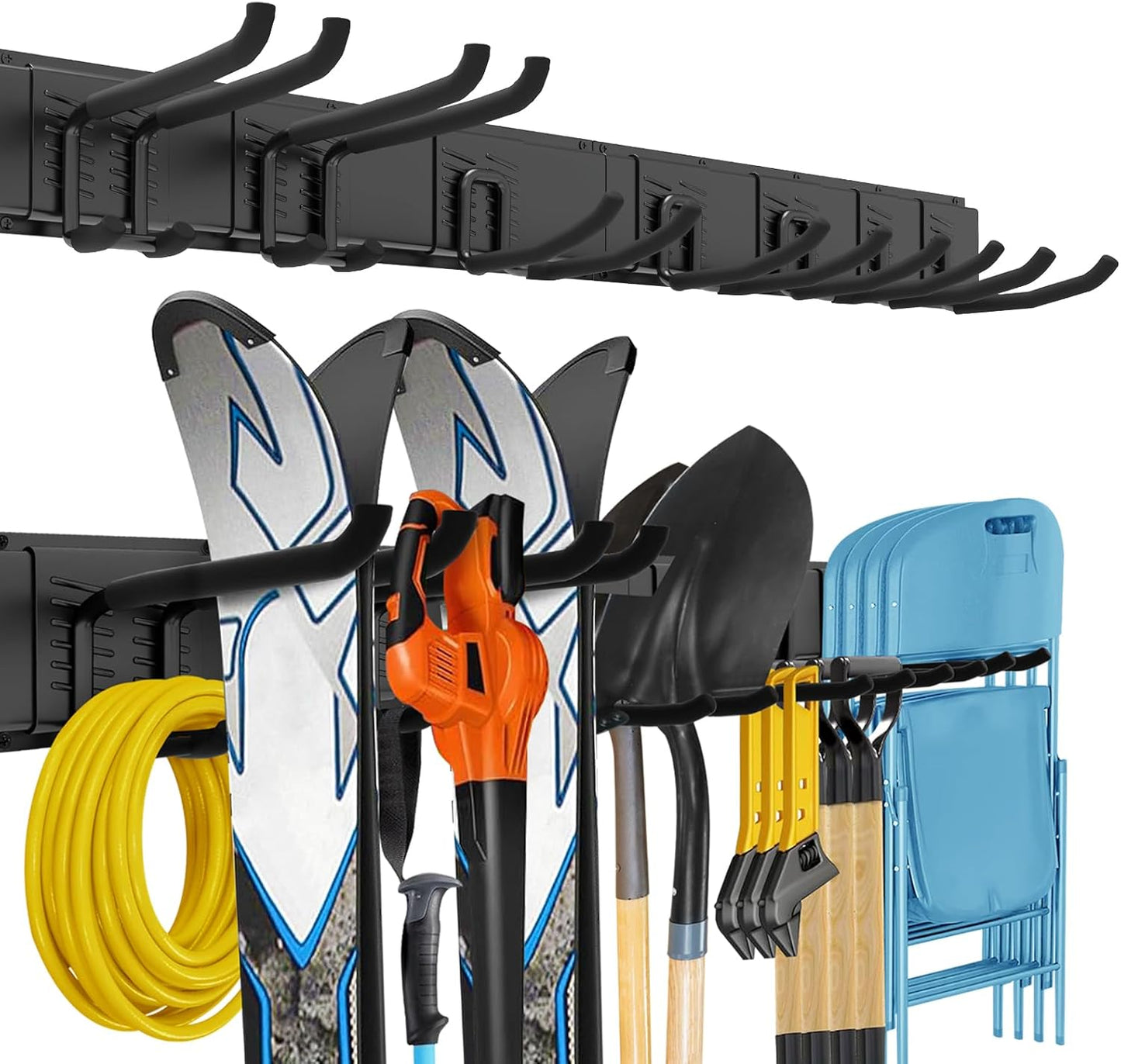 Garage Tool Organizer Wall Mount, 64 Inches Garden Tool Organizer with Adjustable Hooks, Metal Garage Storage Rack Max Loading 620lbs, Tool Holder for Hanging Rake Broom Mop Snowboard