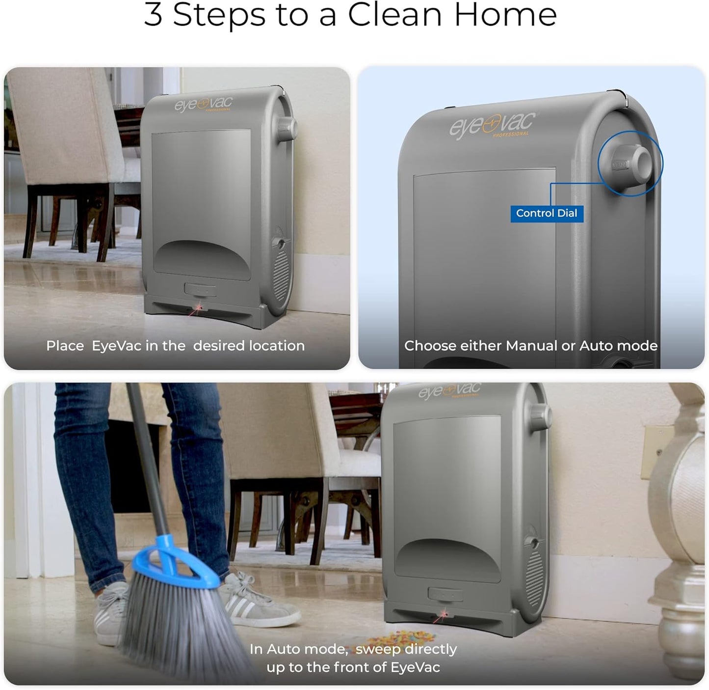 EyeVac Pro Touchless Vacuum Automatic Dustpan - Ultra Fast & Powerful - Great for Sweeping Salon Pet Hair Food Dirt Kitchen, Corded Canister Vacuum, Bagless, Automatic Sensors, 1400 Watt (Sliver)