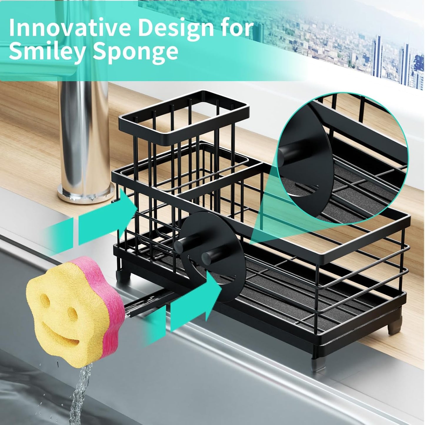 HapiRm Sponge Holder for Kitchen Sink - Self-draining Sink Caddy with Smiley Face and Brush Holder, Stainless Steel Kitchen Organizer for Countertop - Black