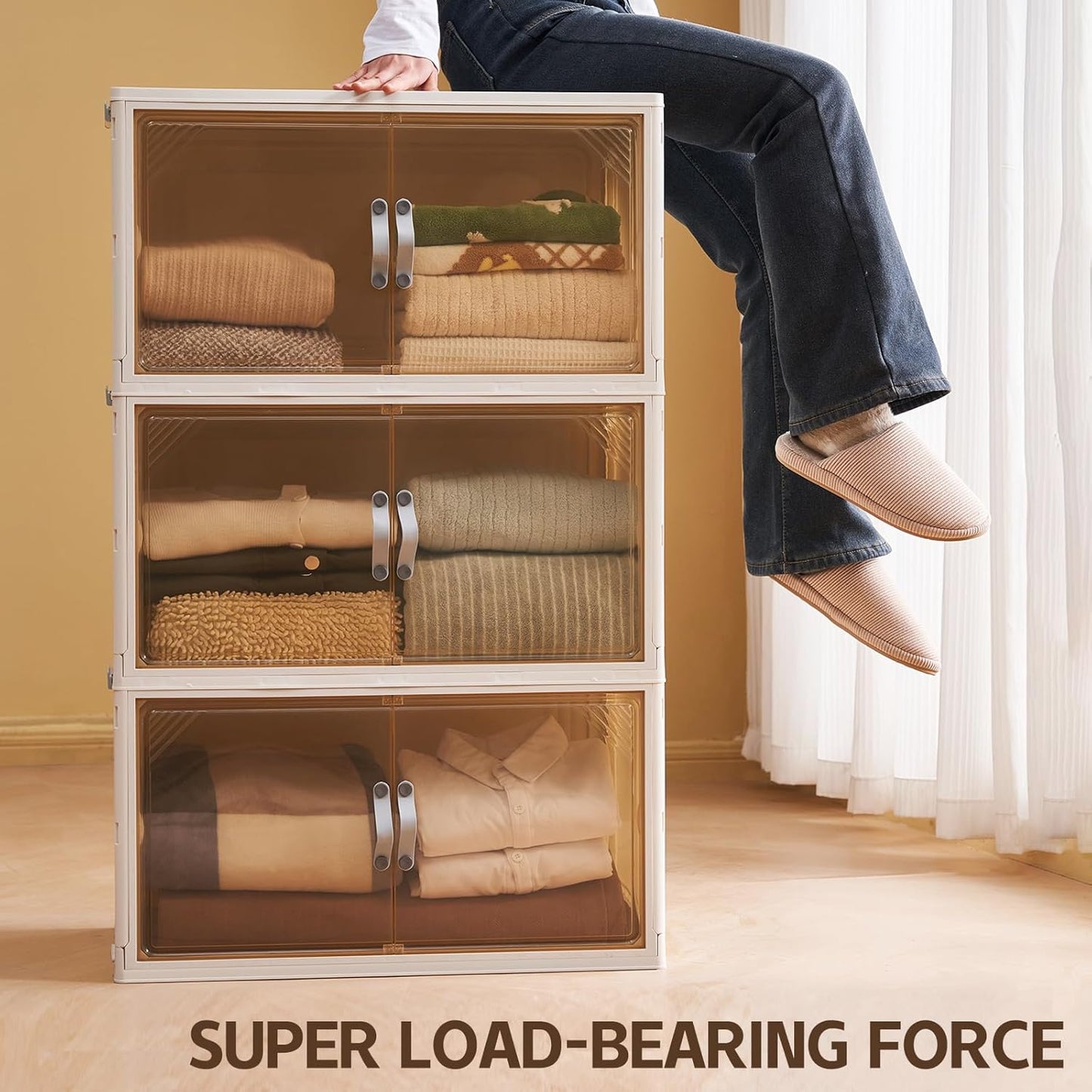 AHEONLAR 4 Pack Plastic Storage Bins with Drawers - 388QT Foldable Stackable Storage Bins with Lids - Closet Craft Organizers and Storage - Plastic Drawer Storage for Bedroom(97QT×4), 22.8 Gal