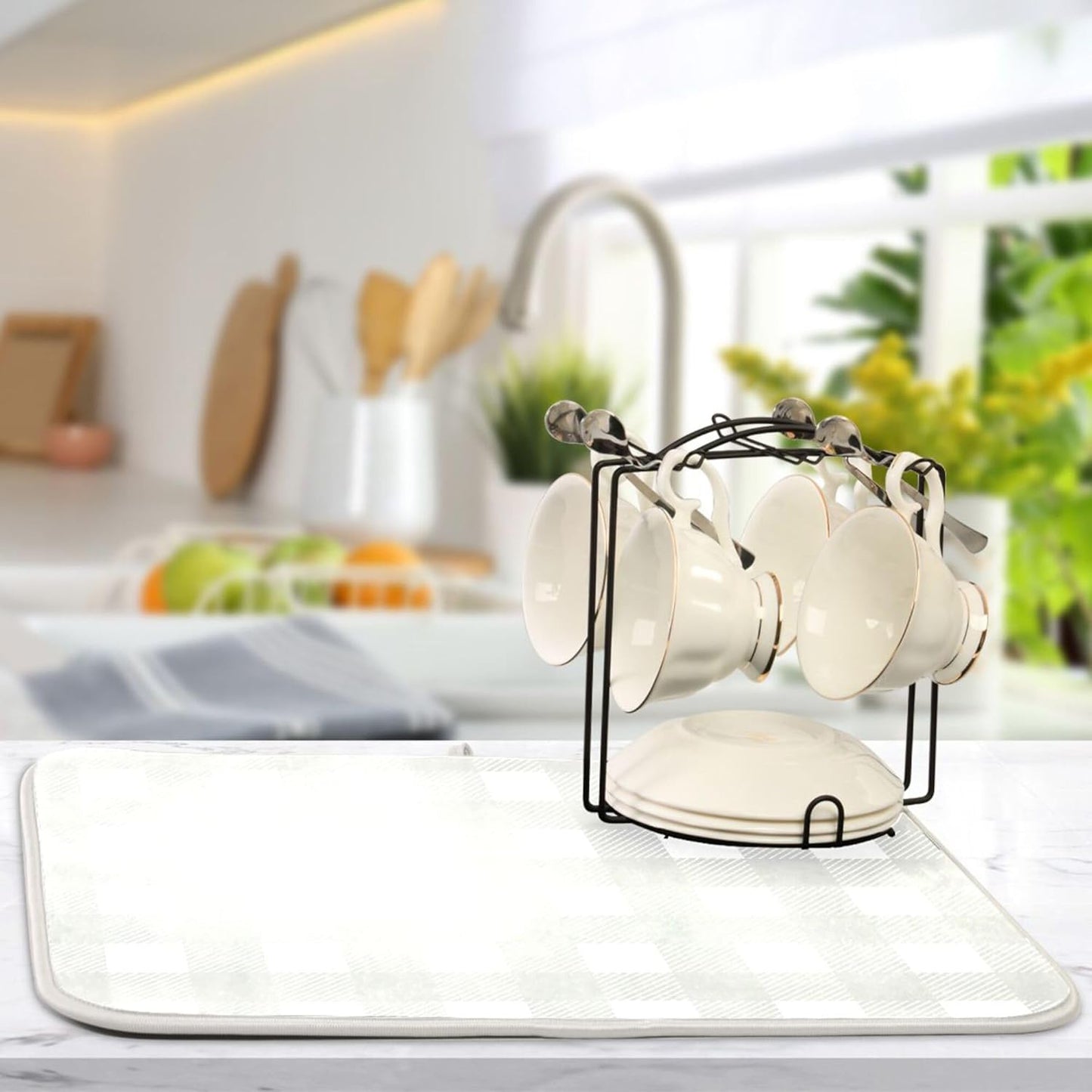 Buffalo Plaid Gray White Dish Drying Mat for Kitchen Countertop 18x24 Chessboard Rectangle Large Drying Mat Reusable Quick Dry Dish Sink Absorbent Mats Dishwasher Easy Clean Decorative Home Essentials