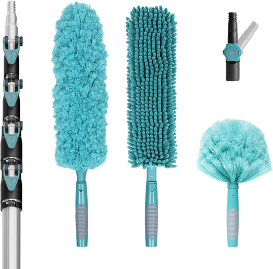 30 Foot High-Reach Duster Kit with 6-24FT Extendable Pole - High Ceiling Duster Cleaning Kit with Telescopic Pole,Cobweb Duster, Chenille Ceiling Fan Duster, Microfiber Feather Duster