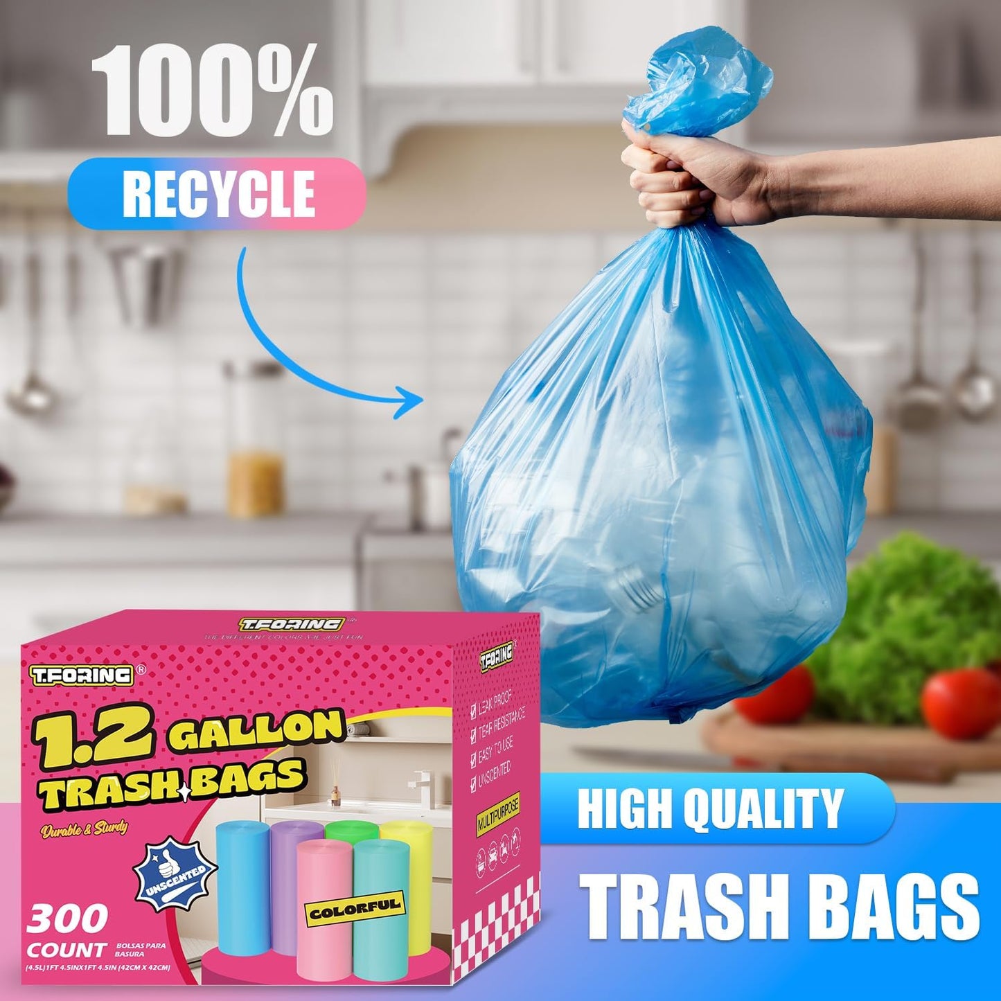 300 Count 1.2 Gallon Trash Bags - 4.5 Liter Colored Small Garbage Bags Unscented Mini Can Liners Leakproof & Tear Resistant for Bathroom, Office, Home