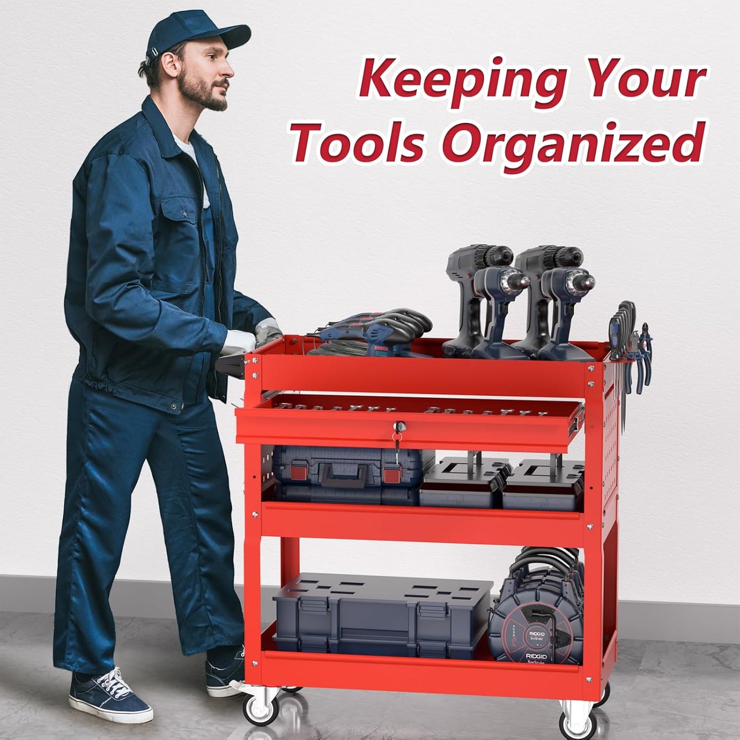 3 Tier Rolling Tool Cart on Wheels, Heavy Duty Service Cart Industrial Utility Cart with Drawer and Screwdriver Rack Pegboard, 550 LBS Mobile Tool Storage Organizer for Garage, Workshop (Red)