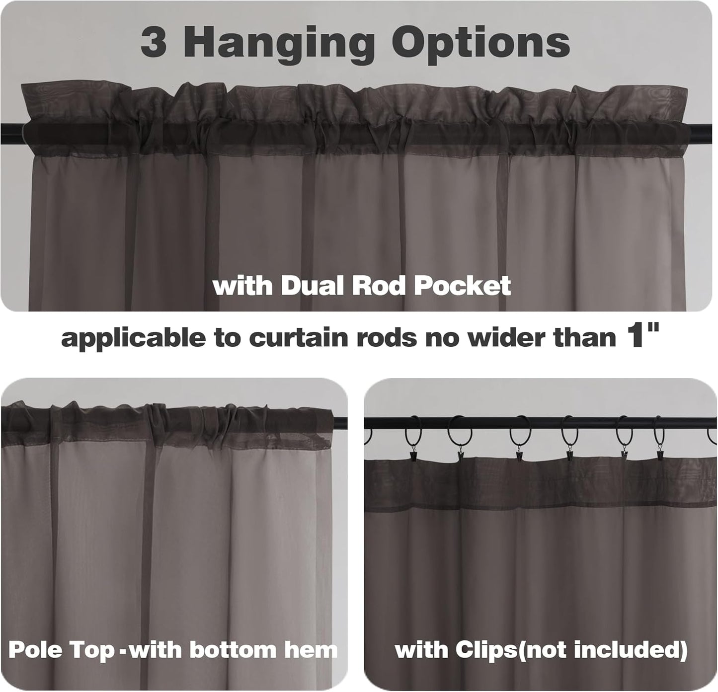 Chyhomenyc Black Sheer Curtains 45 Inches Length 2 Panels, Light Filtering Soft Airy Curtain Drapes for Bathroom Living Room Bedroom Small Windows, Each 42W x 45L inches