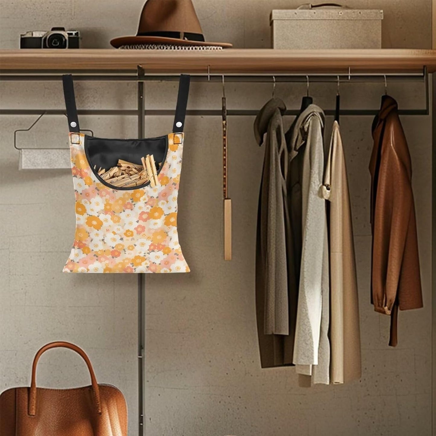 Clothes Pin Hanging Bag with Hanging Rope 14.5 X 12 Inch Clothespin Bag for Clothes Pins and Clothespins Heavy Duty Outdoor Use - Floral Yellow