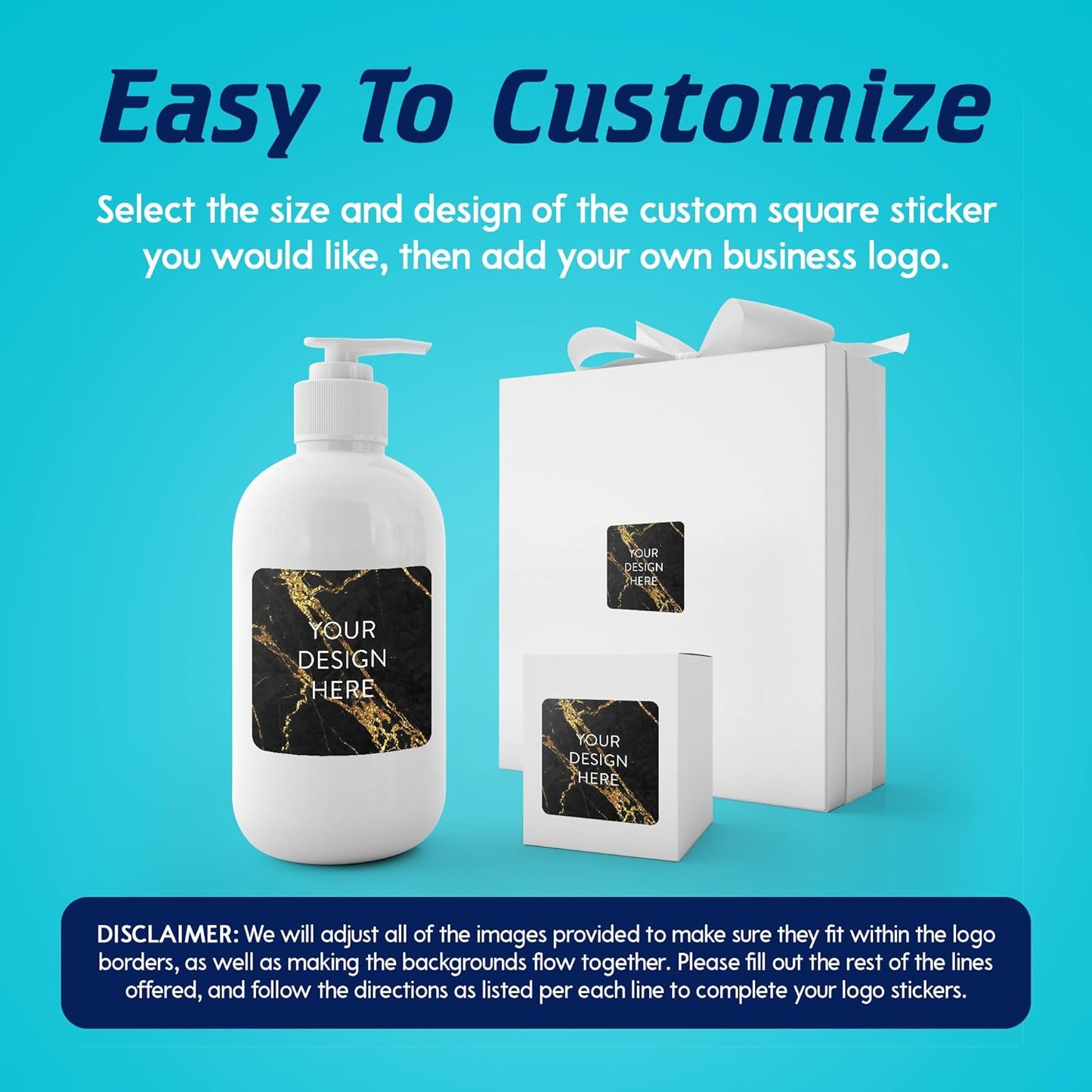 100 Custom Vinyl Stickers - Upload Your own Image, Text, Design, Logo - Personalized Logo Labels for Handmade, Packaging, Bottle, Jars, Candle, Brand Stickers (Black Gold Marble, 3x3 Square)