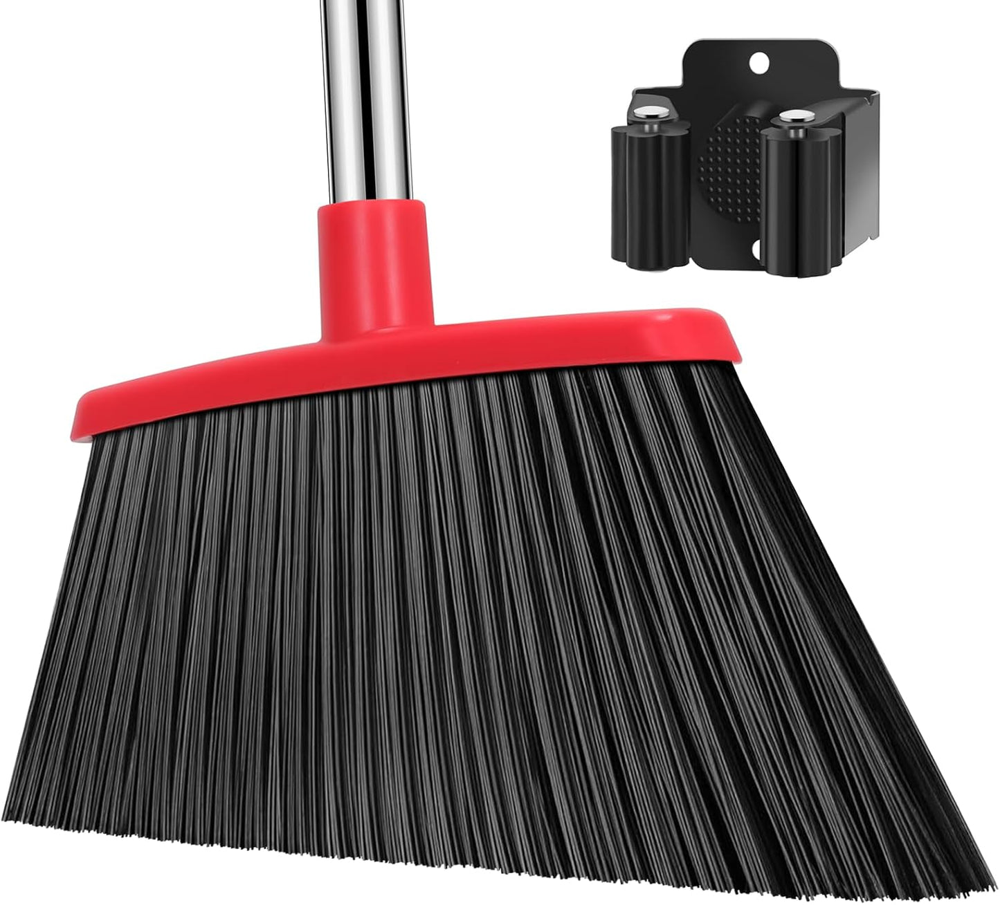 Heavy Duty Broom, 55 Inch Long Handle Outdoor Large Angle Brooms with Holder, Commercial Broom for Sweeping Indoor, for Home Garage Kitchen Office Courtyard Lobby Patio Lawn Concrete, Black Red