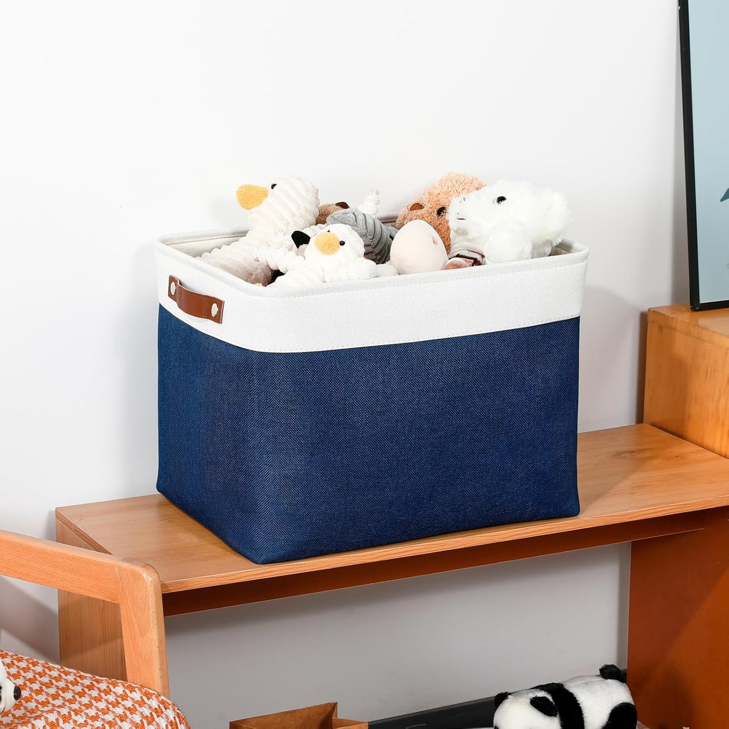 DULLEMELO Large Storage Baskets with Leather Handles for Linen Closet and Home Office, Decorative Baskets for Toys Storage (White & Blue)