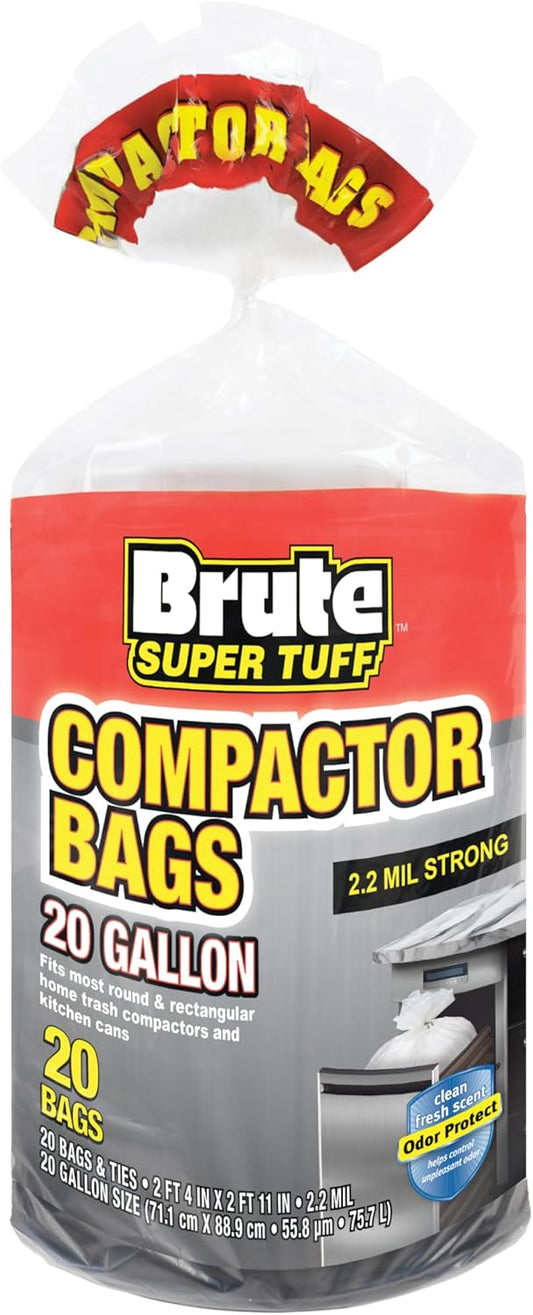 Heavy Duty Kitchen Compactor Bags, Twist Tie Closure, White, Clean Fresh Scent with Odor Protect Technology, 20 Gallon, 20 Count