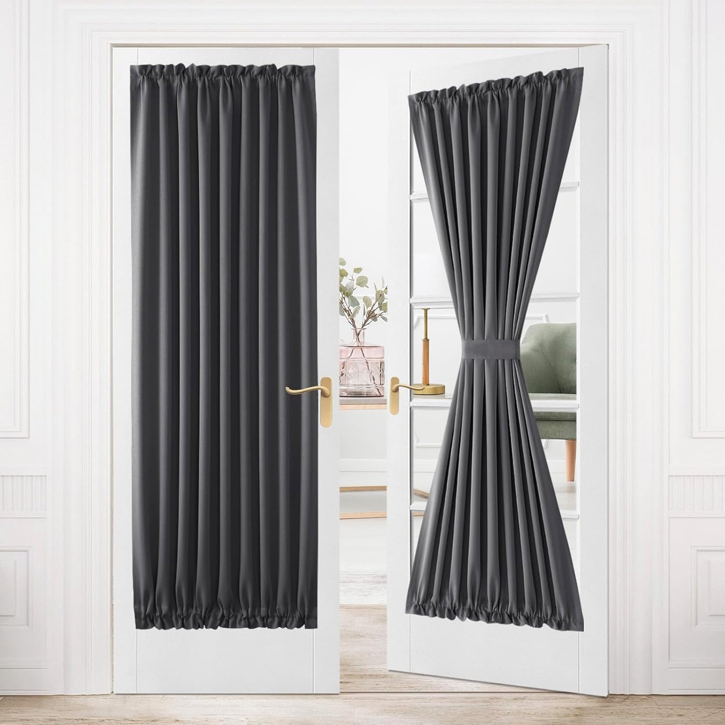 DWCN French Door Curtains – Rod Pocket Thermal Blackout Curtain for Doors with Glass Window, Kitchen and Patio Doors for Privacy, 36 X 80 Inches Long, 1 Curtain Panel with Tieback, Dark Grey