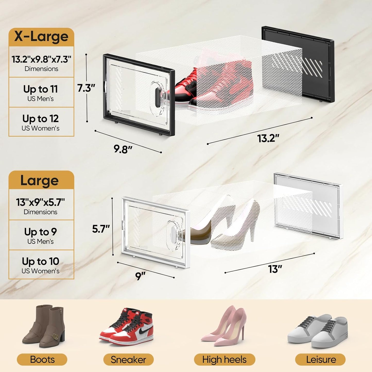 BALEINE 3 Pack Stackable Shoe Storage Boxes Fit Size 11, Thickened Clear Shoe Box Bins with Lids, Plastic Foldable Shoe Rack Organizer Sneaker Storage Containers (X-Large, White)