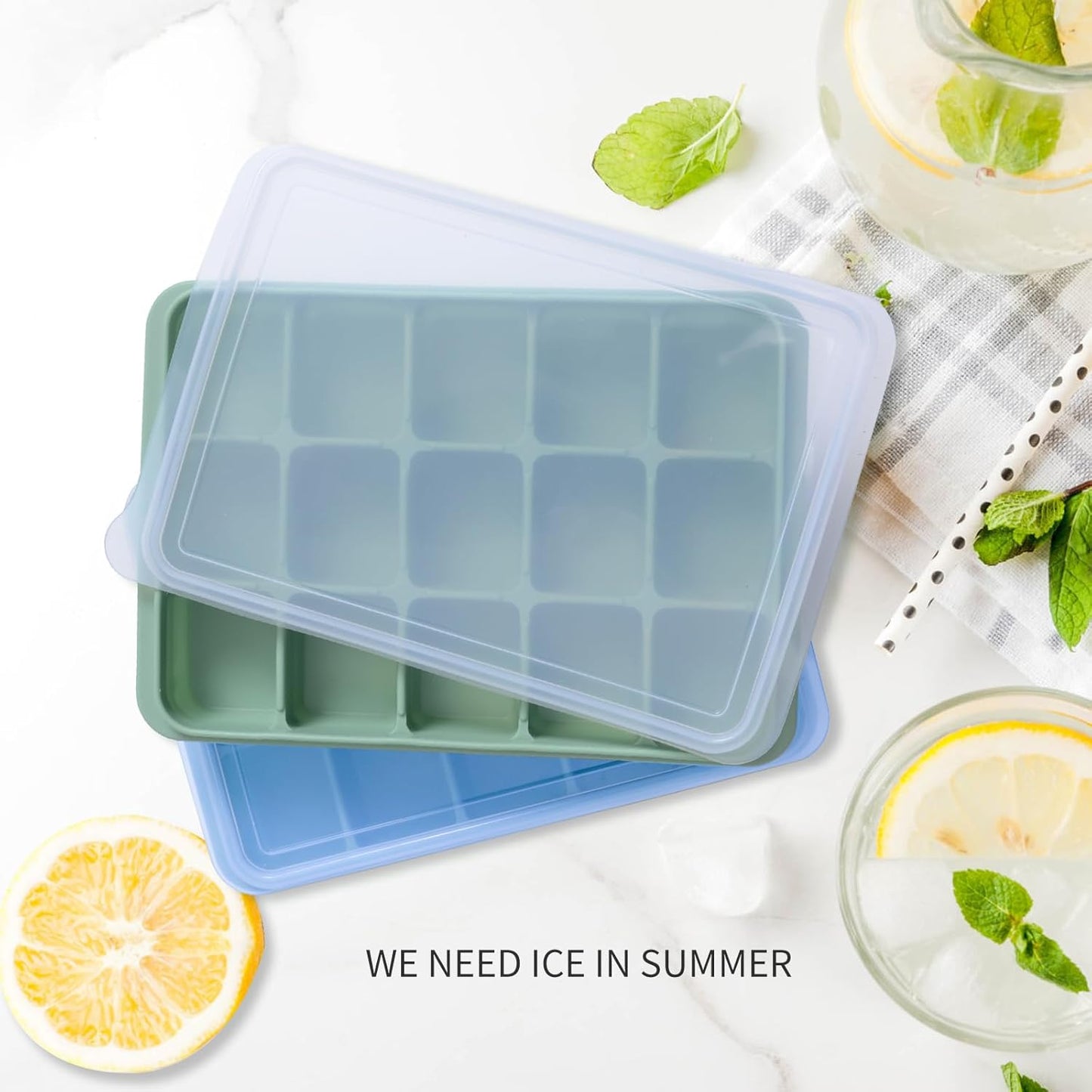 Ice Cube Trays Set of 2, Easy Release 15 Flexible Silicone Ice Cube Molds with Removable Lid Reusable Freezer Ice Trays Stackable for Whiskey, Baby Food, BPA Free (BLUE+GREEN)