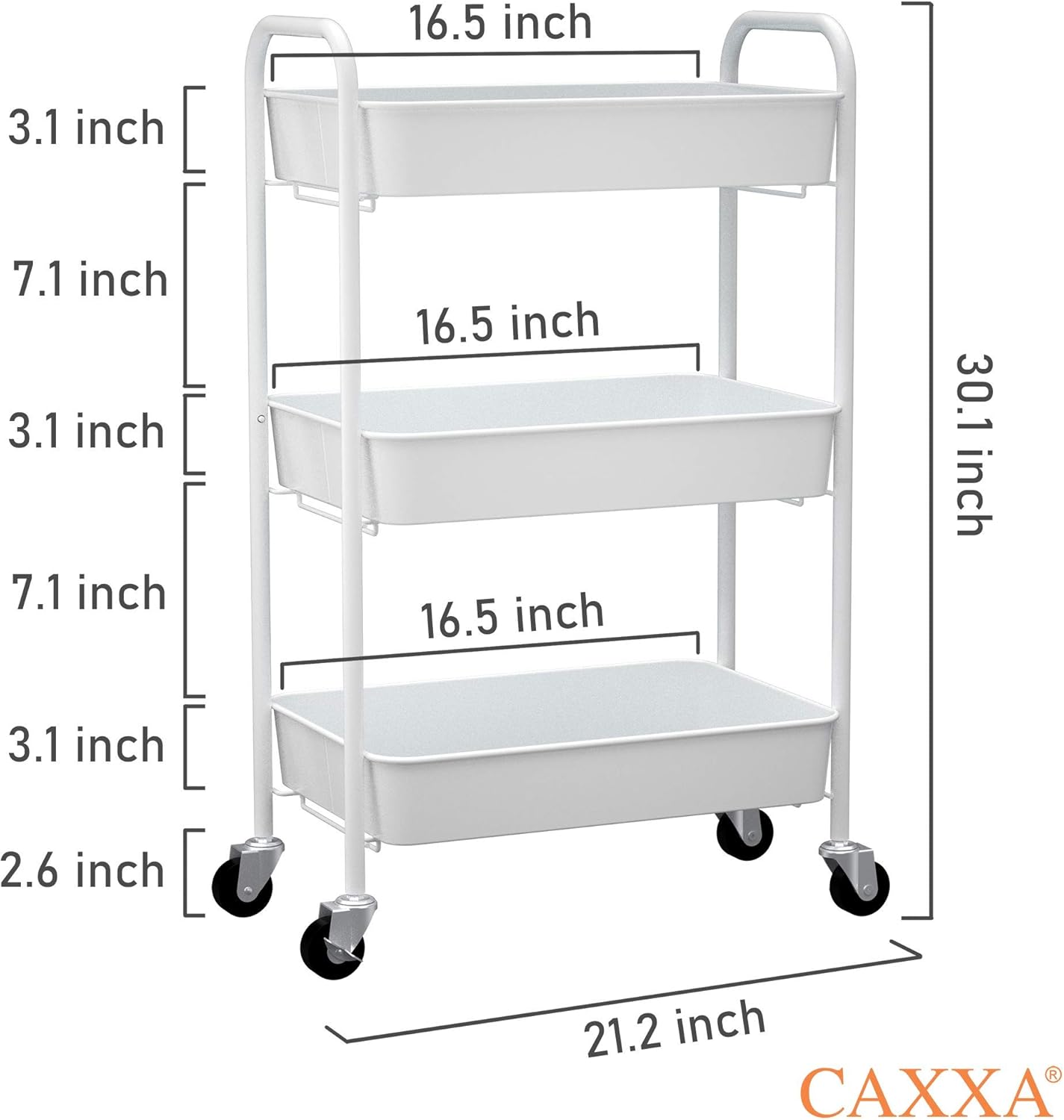 CAXXA 3-Tier Rolling Metal Storage Organizer - Mobile Utility Cart Kitchen Cart with Caster Wheels, White