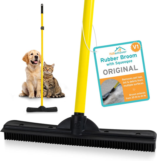 FURemover Original Plus Pet Hair Rubber Broom with Squeegee, with 61" Telescopic Handle for Carpet, Tile and Hardwood