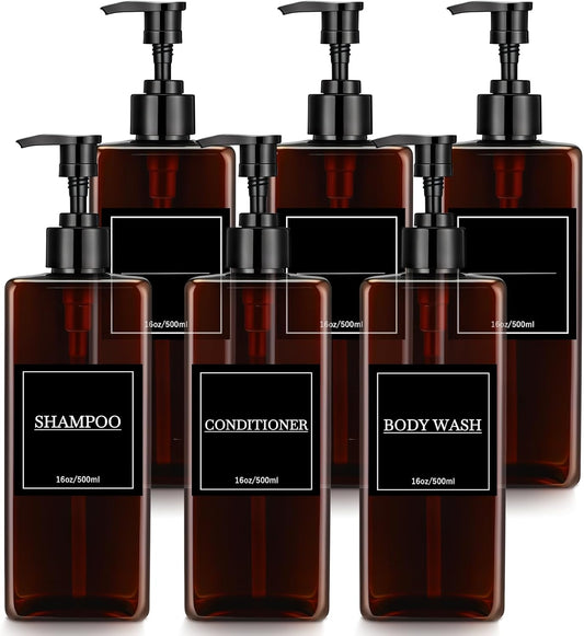 Tanlade 6 Pcs Shampoo and Conditioner Dispenser Bottles 16oz Modern Shower Soap Bottles with Pump, Labels and Marker Pen Easy to Refill Body Wash Dispensers for Home Bathroom Decoration(Brown)