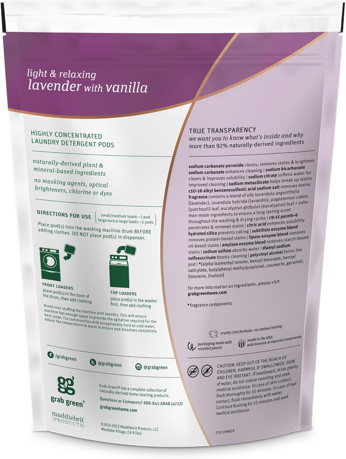 Grab Green 3-in-1 Laundry Detergent Pods, 24 Count, Lavender Vanilla Scent, Plant and Mineral Based, Superior Cleaning Power, Stain Remover, Brightens Clothes