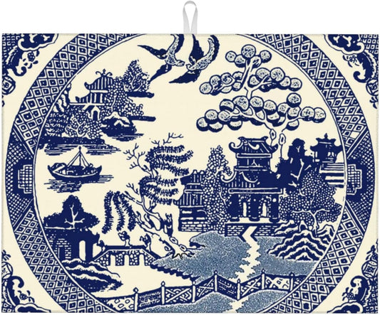 Dish Drying Mat For Kitchen Counter Absorbent Dish Mat Reversible Drainer Drying Kitchen Mat (Oriental Style Chinese Blue Willow, 24X18)
