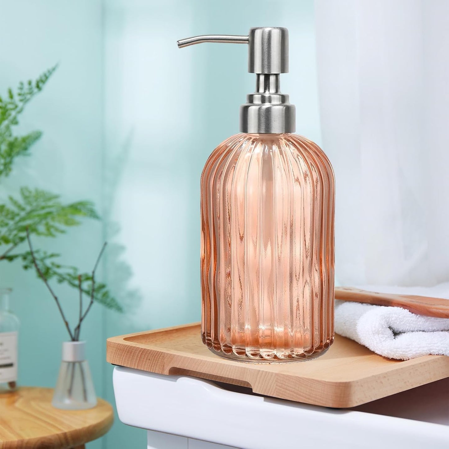 14Oz Amber Soap Dispenser Bathroom, Clear Glass Hand Soap Dispensers with Stainless Steel Pump, Refillable Dish Soap Dispenser for Kitchen, Countertop Soap Dispensers