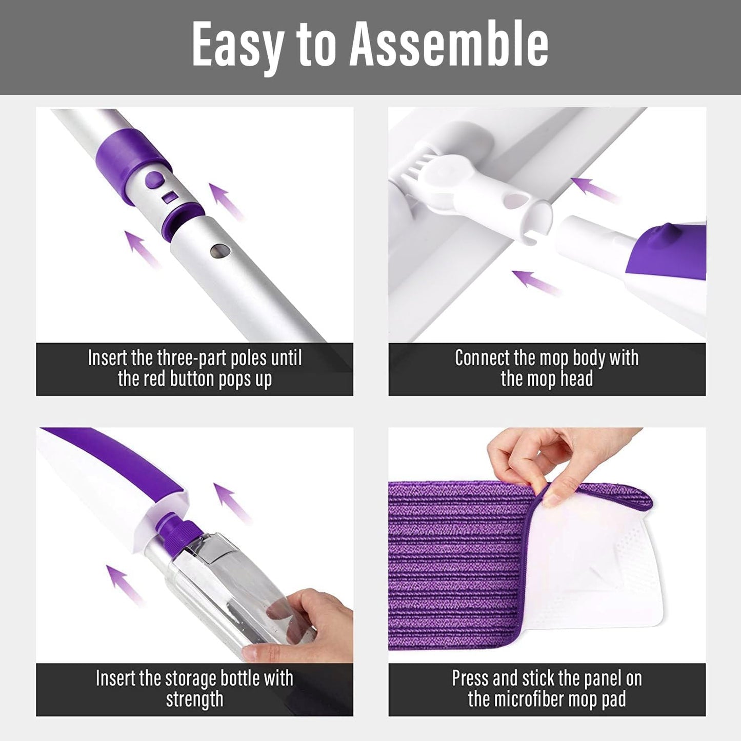 Spray Mops for Floor Cleaning Floor Mop with a Refillable Spray Bottle and 3 Washable Microfiber Pads Home or Commercial Use Dry Wet Flat Mop for Hardwood Laminate Wood (Purple)