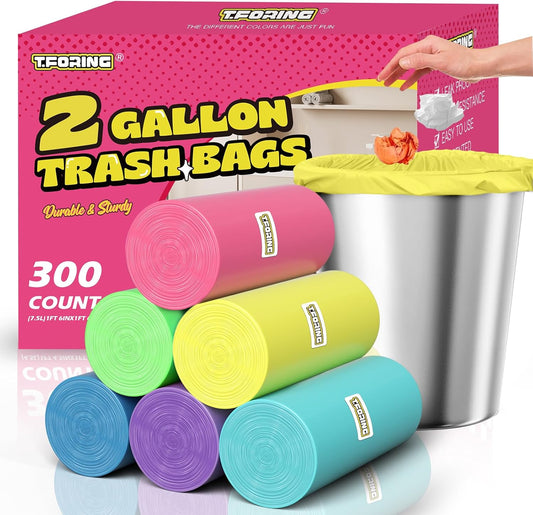 300 Count 2 Gallon Trash Bags - 7.5 Liter Colored Small Garbage Bags Unscented Wastebasket Liners Heavy Duty & Leakproof Mini Can Liners for Bathroom Office Home Car