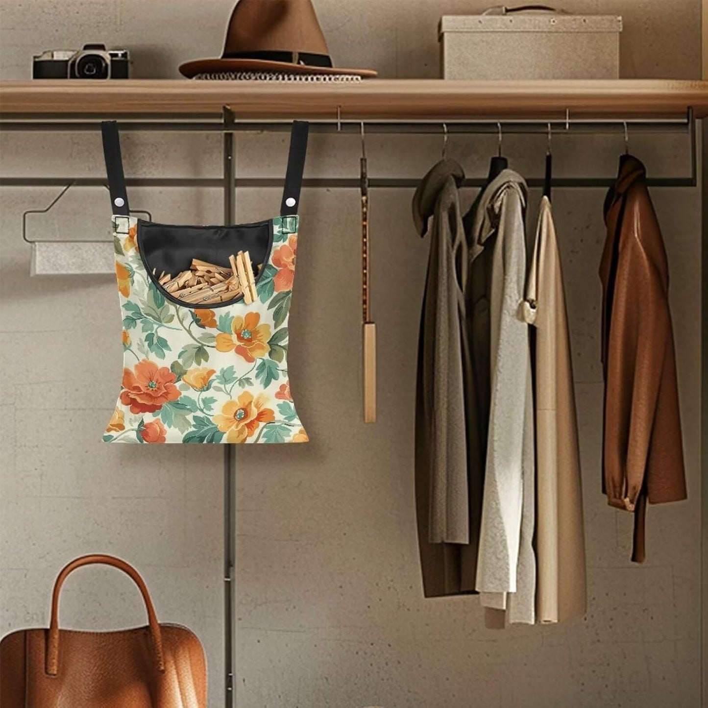 Art Flower Clothespin Bag Clothes Pin Hanging Bag Clothespin Bag with Hanging Hook 12 x 14.6 Inch Laundry Clothes Pin Holder Waterproof Clothes Pin Hanging Bag Clothespin Storage