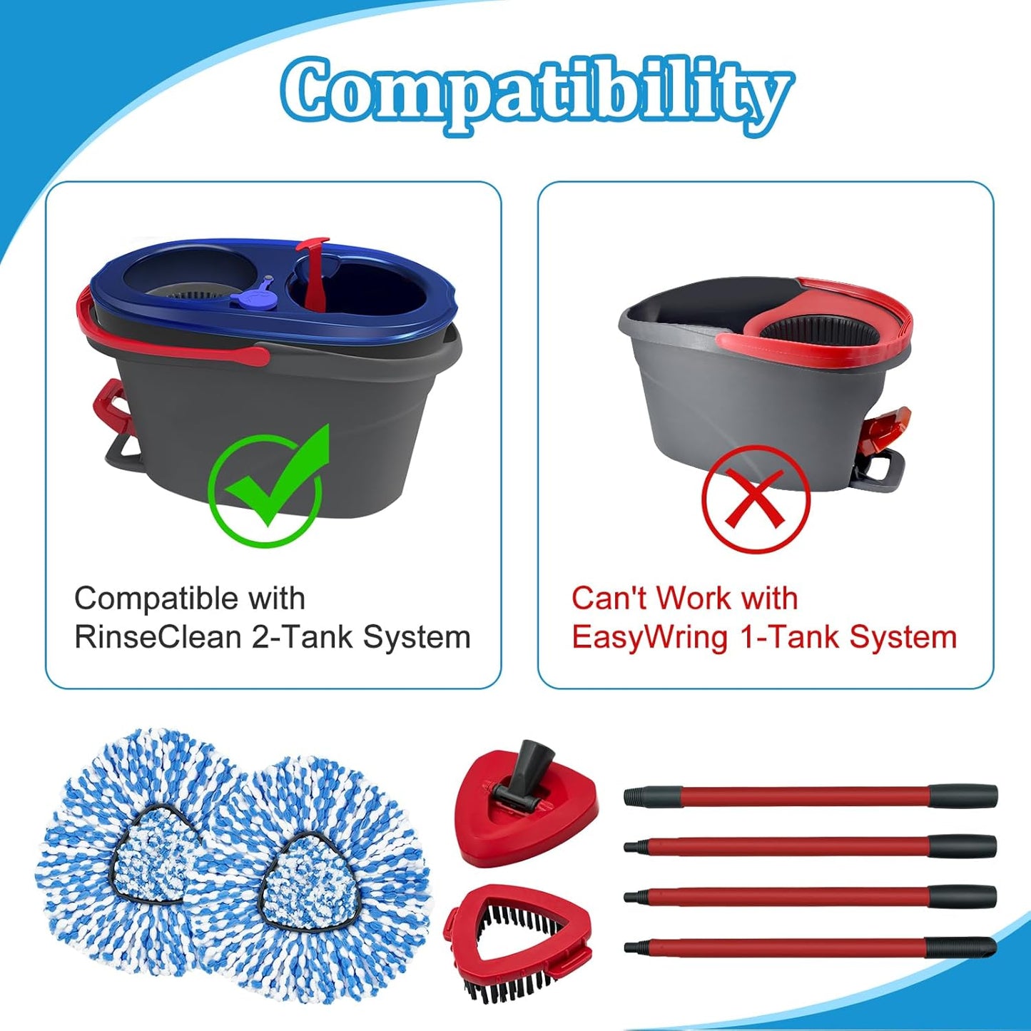 Spin Mop Handle,Mop Heads Replacements,Scrubber Mop Head and Mop Base Compatible with O-cedar RinseClean 2-Tank Spin Mop System,Mop Handle and Head Replacement Combo Set for Wet Dry Use Floor Cleaning