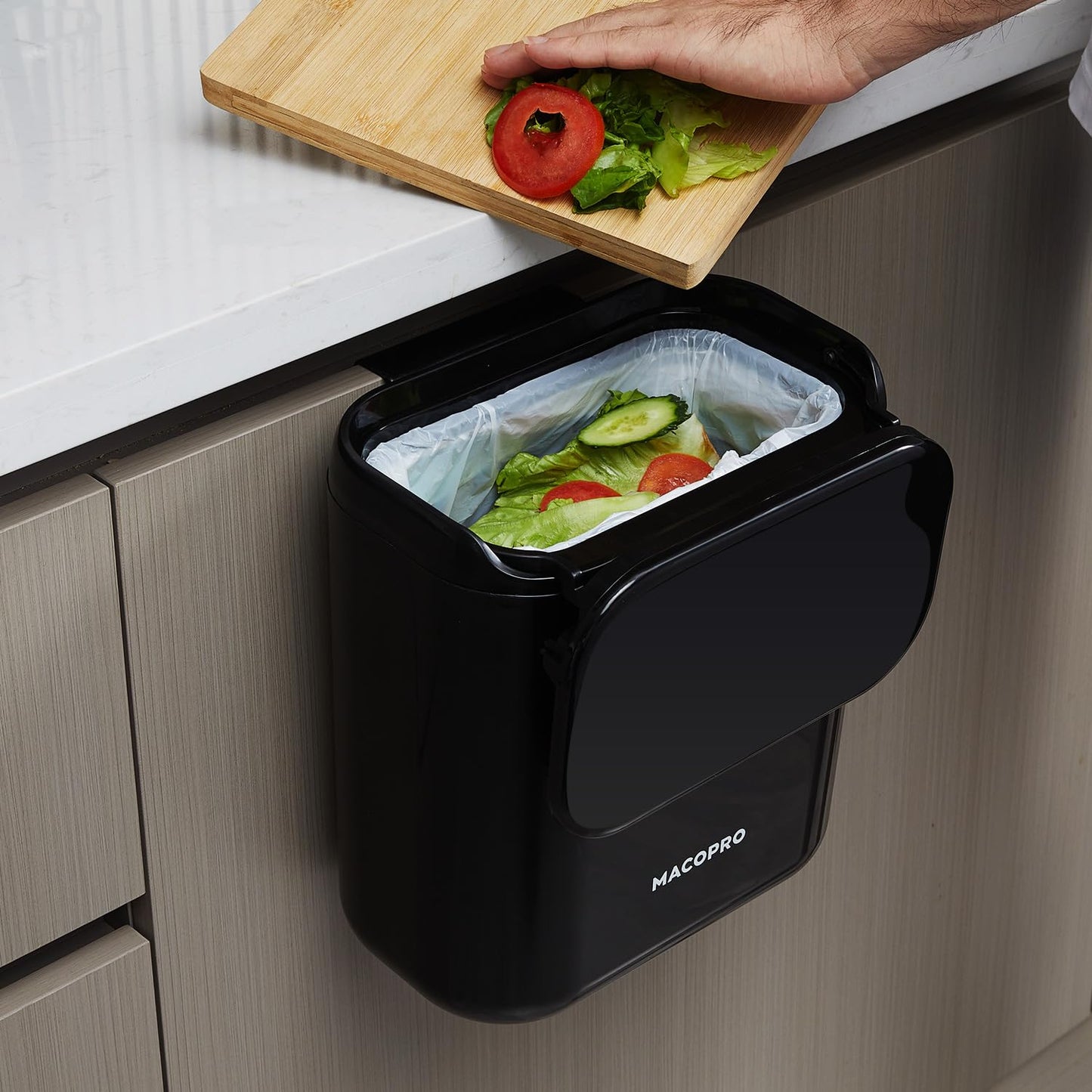 Compost Bin Hanging Trash Can with Lid Under Sink for Kitchen, Food Waste Bin for Countertop with Lid, Mountable Garbage Can for Bathroom, RV, 8L/2.6Gal