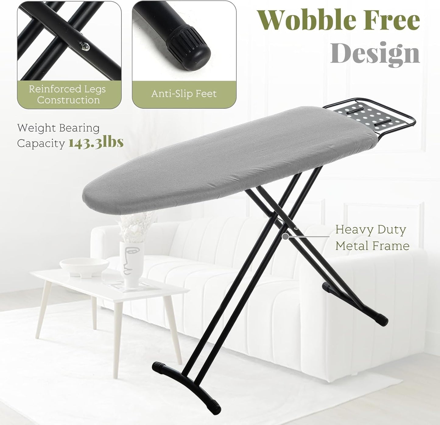 Ironing Board Full Size, RAINHOL 43"x13" Heavy Duty Compact Ironing Board with Iron Rest, Height Adjustable Sturdy Iron Stand, Grey Cover with Extra Thick Padding