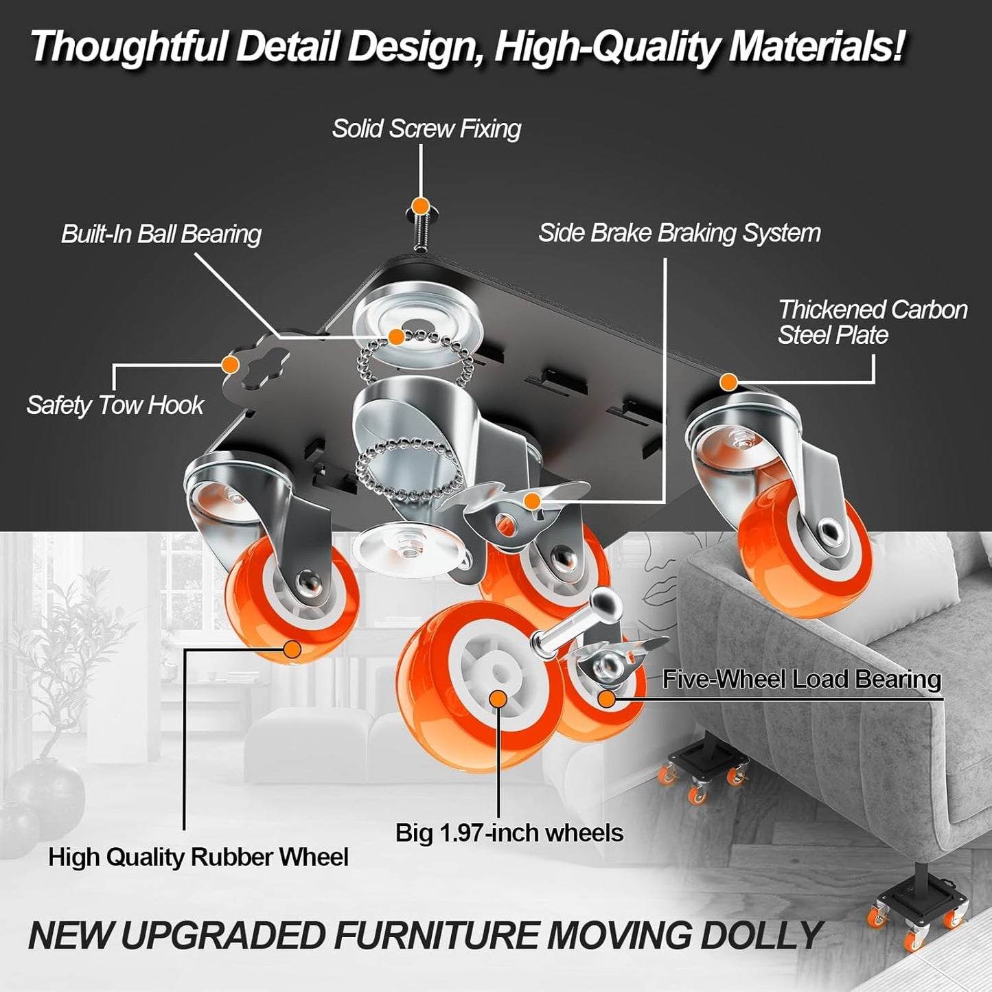 Furniture Dolly 5 Wheels Heavy Duty with Removable Side Guards,3307 Lbs Capacity,360° Rotating Wheels & Side Brake,Furniture Movers Lifter Tool with Wheels for Appliances,Sofas,Beds,Pianos