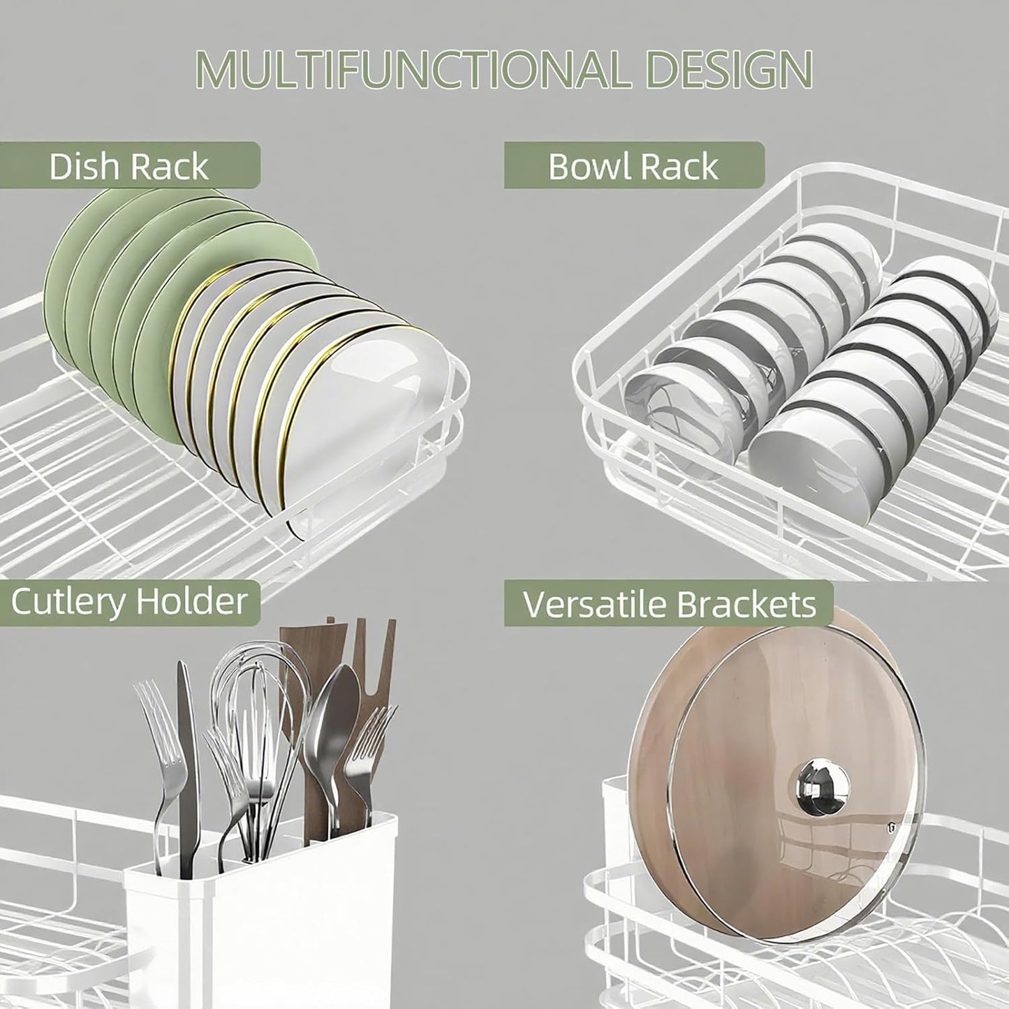 Dish Drying Rack Stainless Steel Drying Racks for Kitchen Counter Large Capacity Storage Racks with Drainboard Curlery Holder White