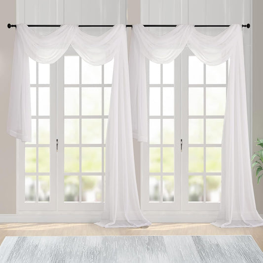 Chyhomenyc Ivory Sheer Scarf Valances for Windows 216 Inch Extra Long, Window Scarf Drapes Rod Pocket Backdrop for Wedding Arch Draping/Party/Canopy Bed/Living Room, 2PC, 18 Feet Length