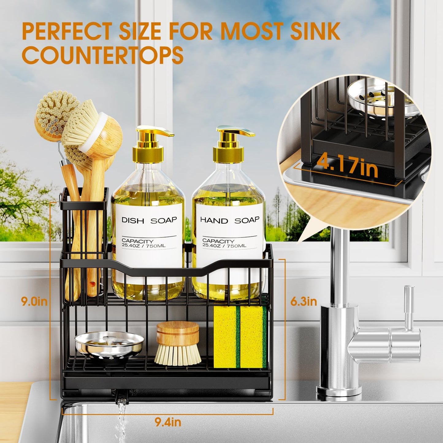 2-Tier Kitchen Sink Caddy with High Brush Holder&Self-Draining Tray,Rustproof&Non-Slip Sink Sponge Holder,Kitchen Countertop Storage Organizer,Soap Dispenser Storage - Black