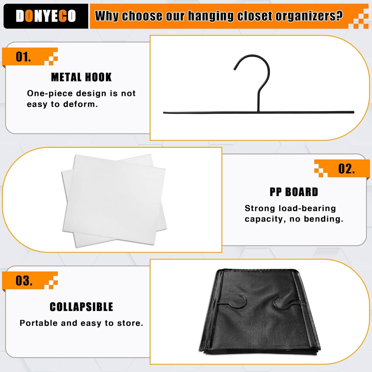 Hanging Closet Organizer - 3-Shelf, Easy Mount Foldable Wardrobe Storage Shelves for Clothes, Handbags, Shoes & Accessories - Washable Oxford Cloth Fabric, Black