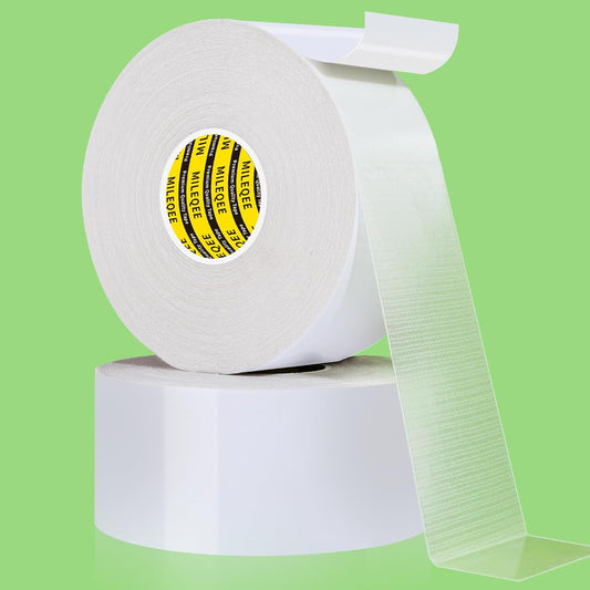 2Pack Double Sided Tape Heavy Duty, 2in x 66FT, Universal High Tack Strong Wall Adhesive with Fiberglass Mesh, Super Sticky Resistante Clear Tape, Easy Use Mounting Tape White