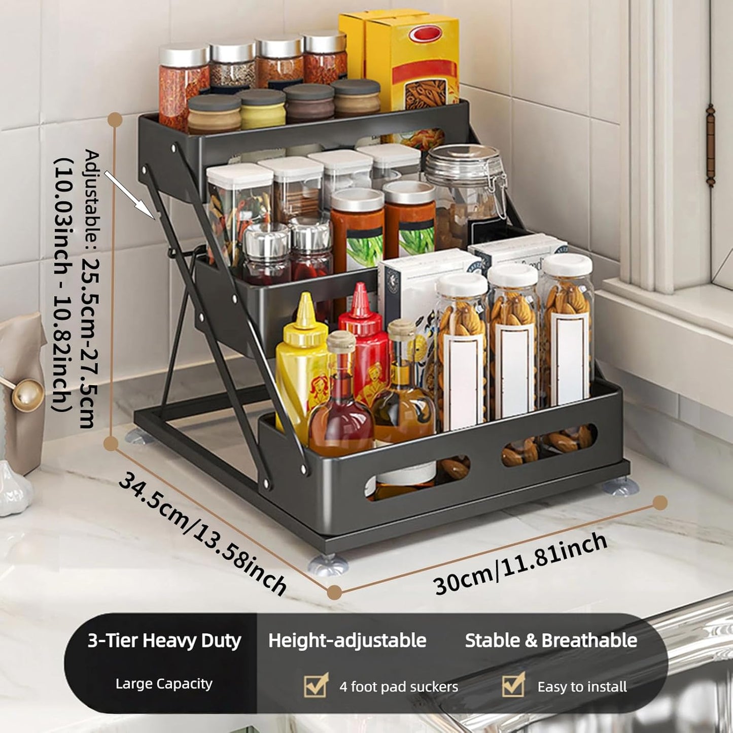 Bokelai Spice Rack 3 Tier Foldable Seasoning Organizer Jars Storage Holder Step Shelf for Cabinet Kitchen Countertop Pantry Coffee Bar Black
