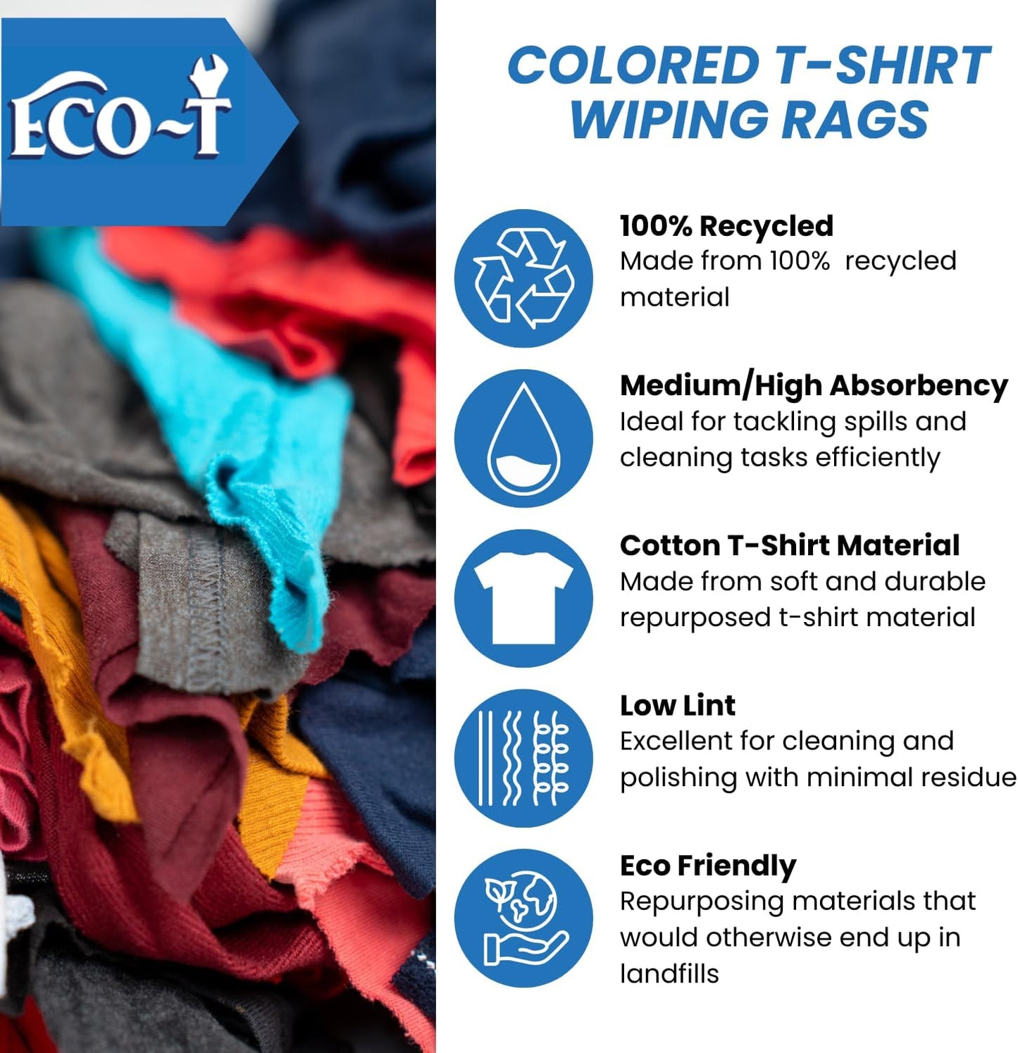 4 Lb Bag Eco-T Mechanic Shop Rags - Colored T-Shirt Material, 100% Recycled, Eco-Friendly, High Absorbency, Low Lint, Low-Cost, Industrial Use Wiping Cloth
