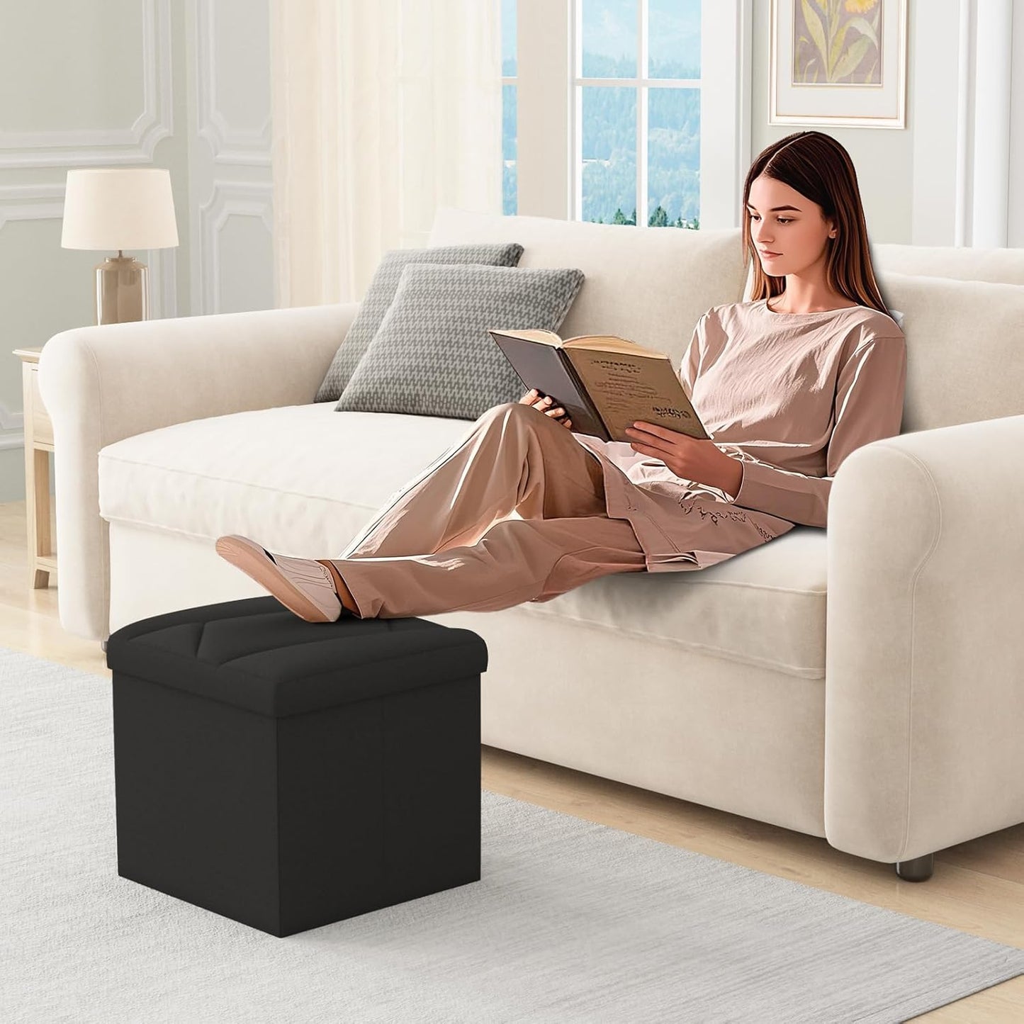 Folding Storage Ottoman Bench, 15 Inches End of Bed Bench,Folding Ottoman Storage for Bedroom, Entryway and Living Room, 15"x15"x15",Black