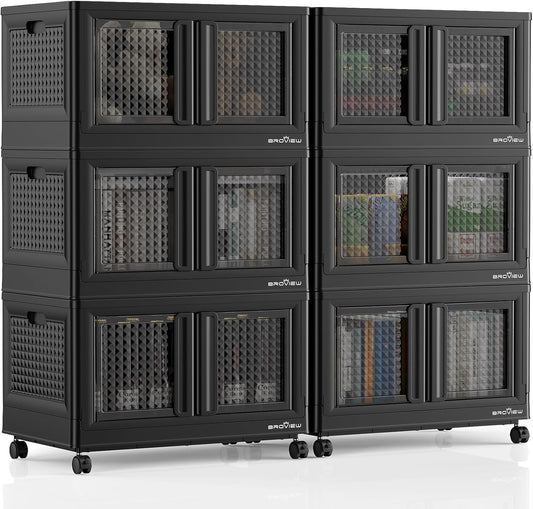 BROVIEW 600Qt Stackable Storage Bins with Lids, 150Gal Closet Organizers and Storage Drawer, Plastic Collapsible Storage Bins with Doors, Heavy Duty Store Box Cabinet for Home Kitchen, 6Pack Black