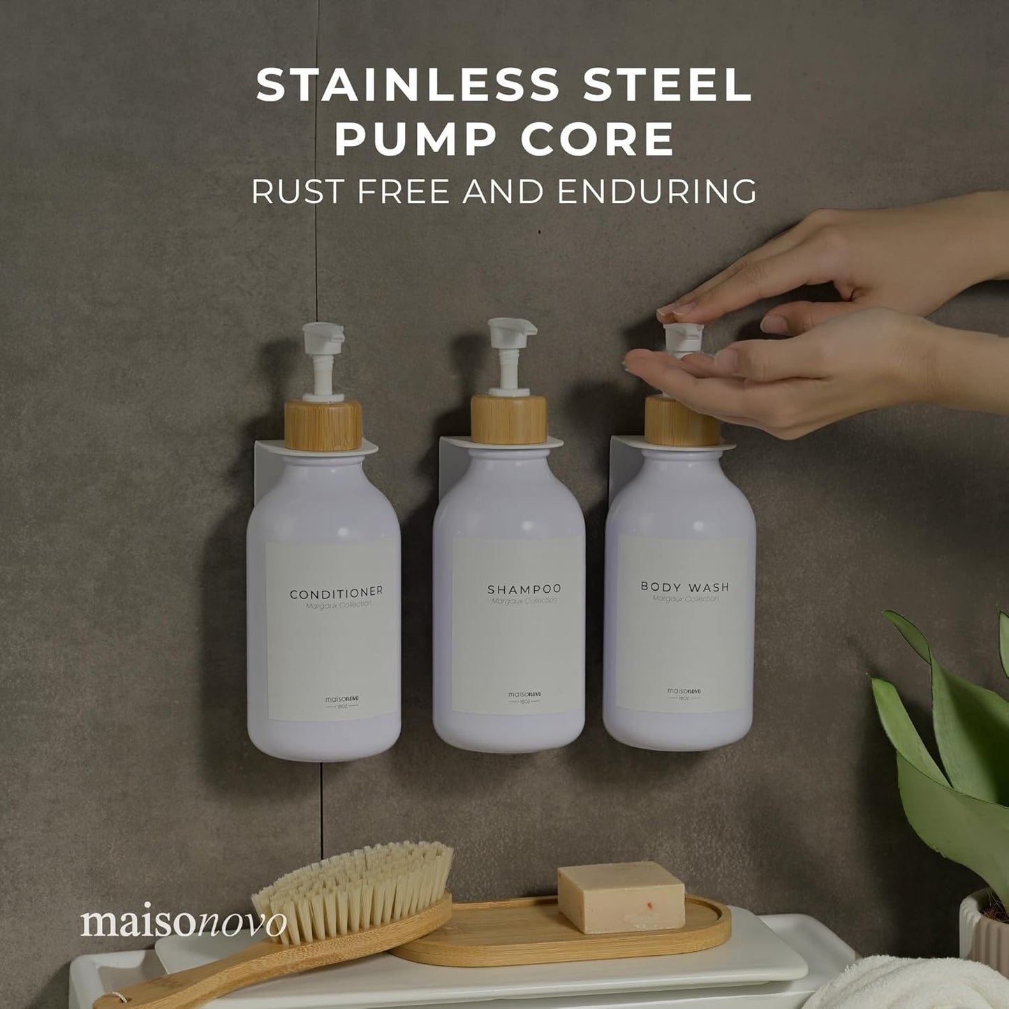 MaisoNovo Shampoo and Conditioner Dispenser - Shower Soap Dispenser Wall Mounted - 16.9 fl oz Set of 3 White Plastic Bottles Bamboo Pump - 3 Chamber No Drill
