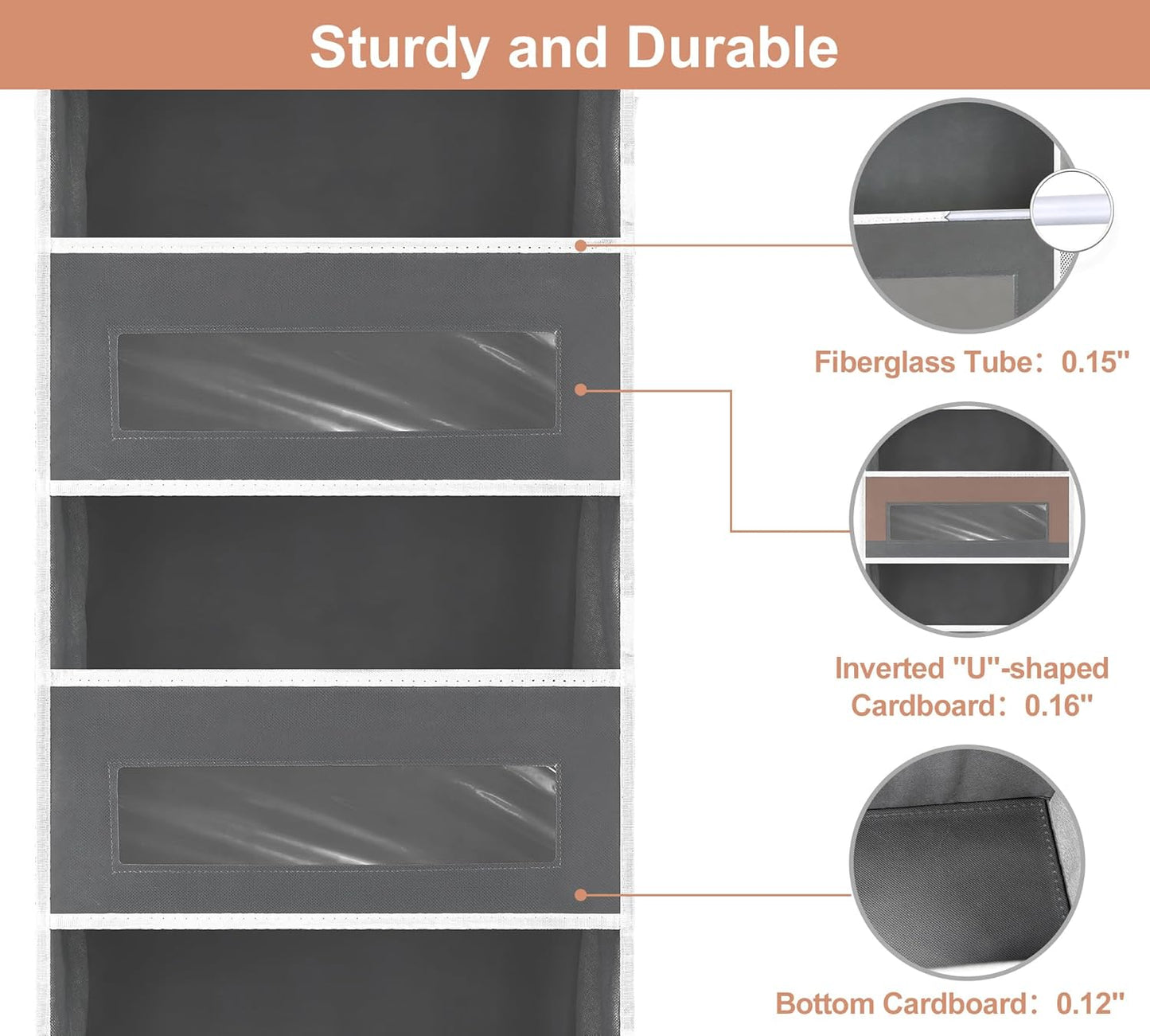 3 Packs 5-Tier Over the Door Storage Organizer with 10 Side Mesh Pockets, 48 lbs Load Capacity, 3 Hooks Design, Hanging Organizer with Clear Windows for Bathroom, Bedroom, Nursery, Kitchen-Grey