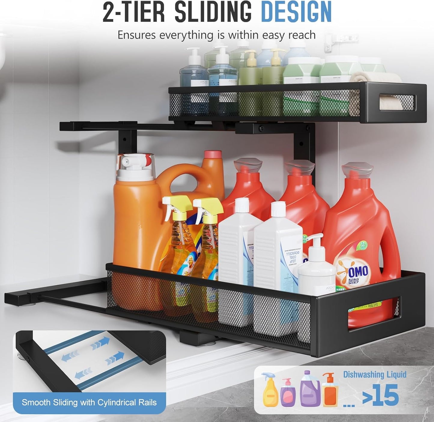 2 Pack 17IN Depth Under Sink Storage Organizer, Large 2-Tier Elegant Mesh Pull Out Shelf for Kitchen and Bathroom Cabinet Organization, L-Shaped and Adjustable Height Design-Black