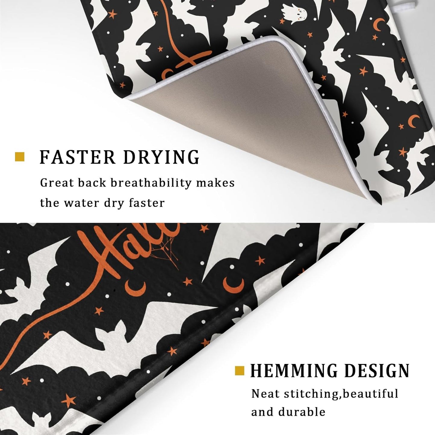 Halloween Black Bats Dish Drying Mat 16x18 Inch Happy Halloween Spooky Bat Microfiber Drying Mat for Dishes Absorbent Fast Dry Dish Rack Mat Drainer Pad Kitchen Decor Accessories for Halloween