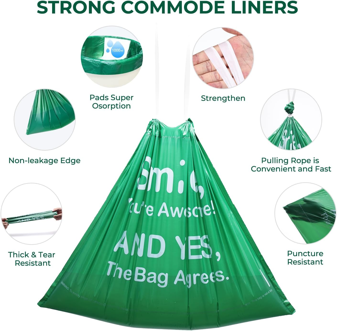 Commode Liners with Absorbent Pads, 60Pack Tear-Free Leak-Proof Bedside Commode Liners, Universal Disposable Commode/Bed Pan Liners for Bedside Commode, Standard Toilet, Chair Bucket(60Bags+60Pads)